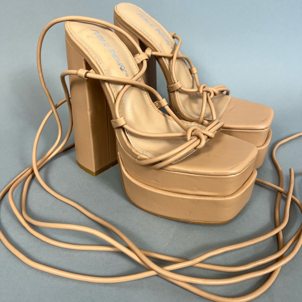 Strappy Platform Lace-Up Heels in Nude